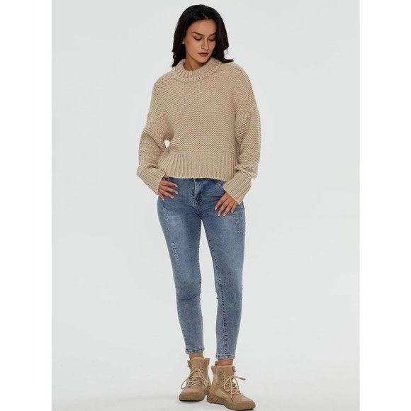 Women's Crewneck Chunky Knit Batwing Long Sleeve Loose Pullover Sweaters Tops - Picture 5 of 6